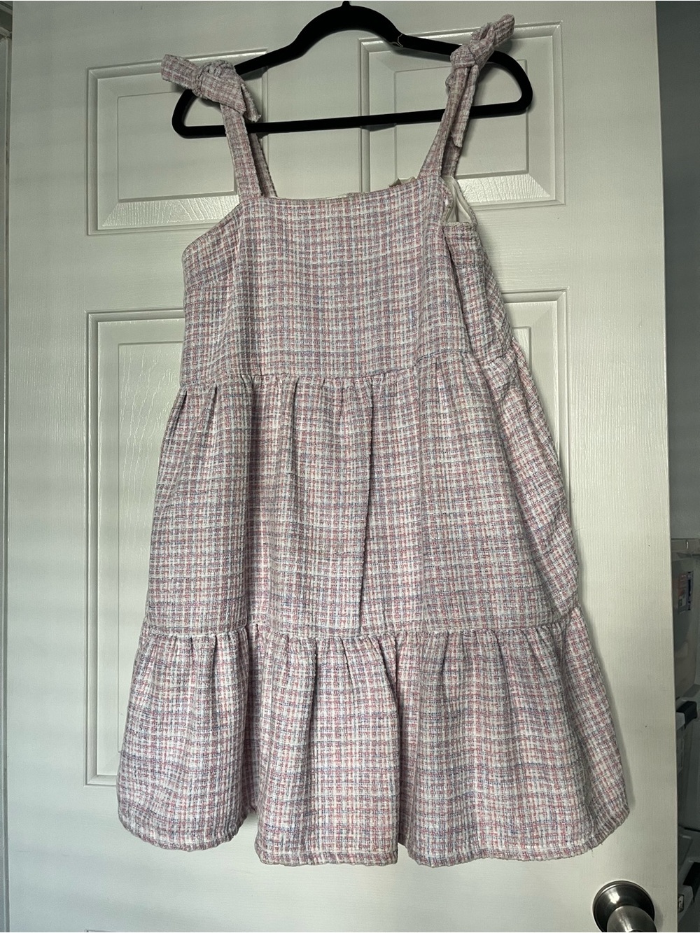 Tiered Pink Plaid Mini Dress with Tie Straps | Size M